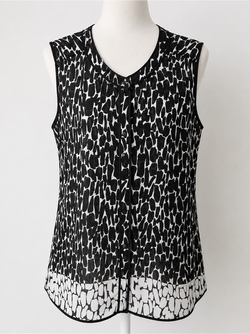 Liz Claiborne Large Black/White Sleeveless Tunic Blouse Semi Sheer Button Front